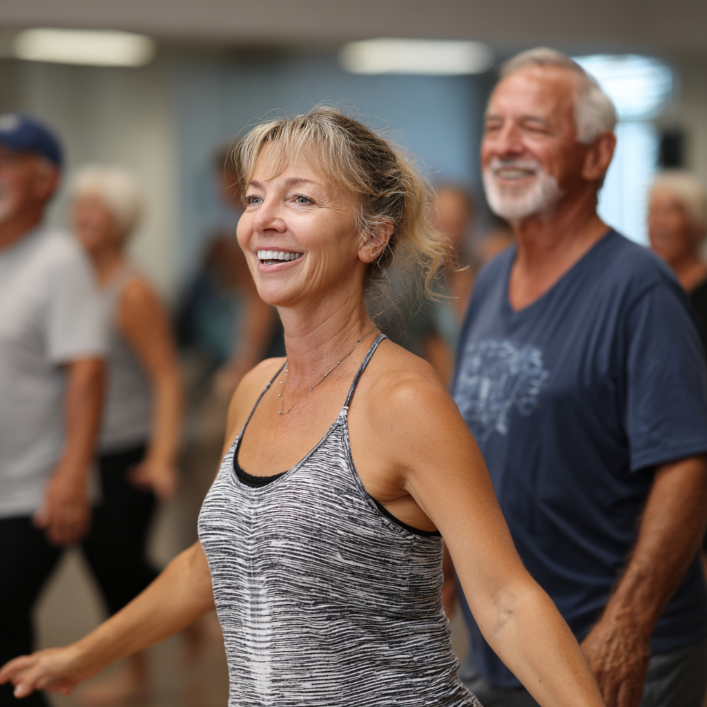 Group of middle-aged and older adults participating in fitness class with instructor guidance